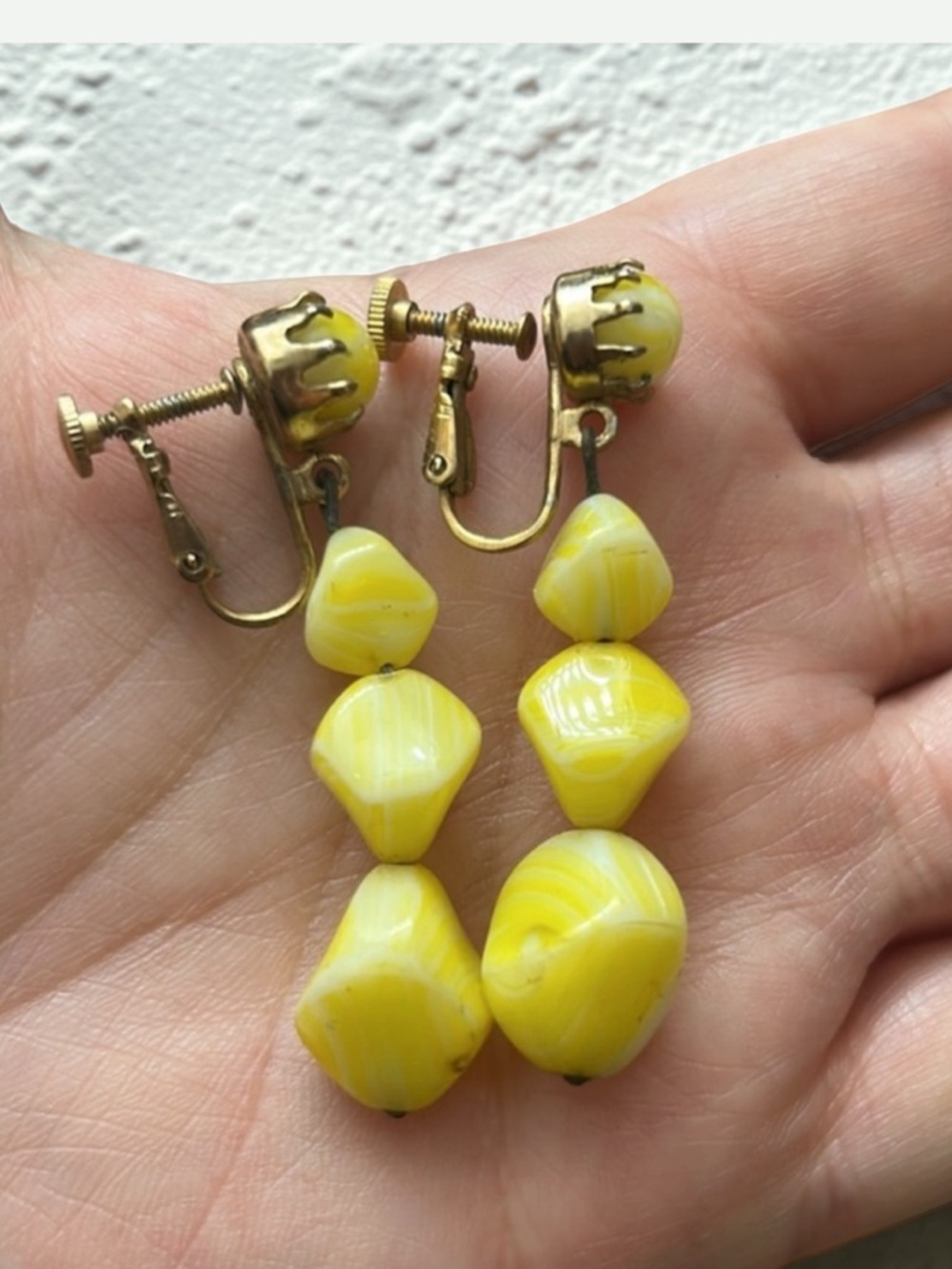 Vintage Yellow Slag Glass Gold Clip-On Earrings